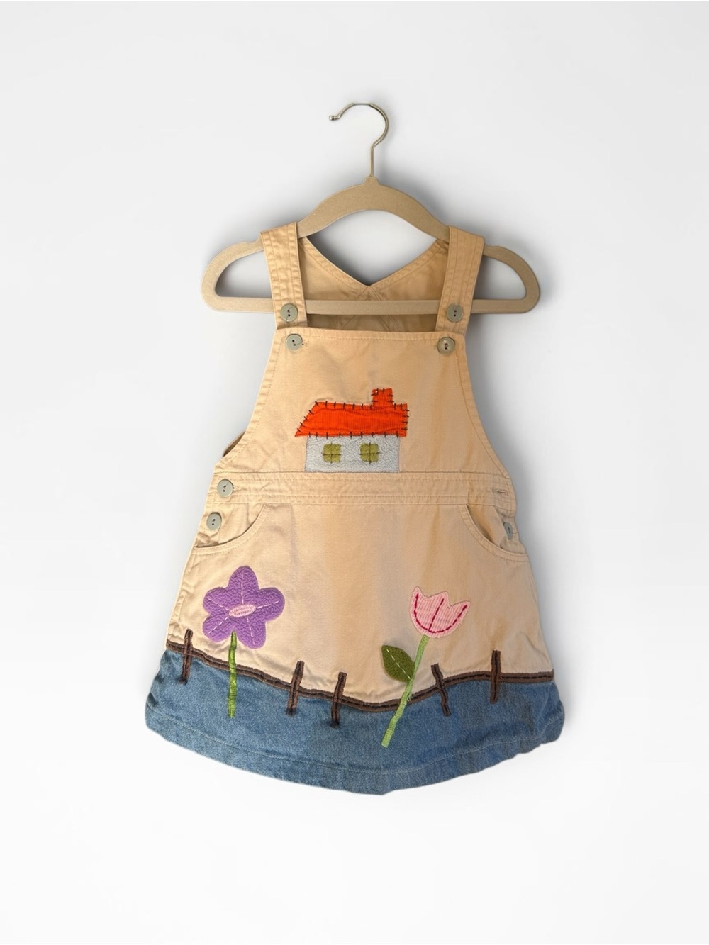 Babaloo 24M Vintage Girls Overall Jumper Dress House Flower Appliqué Denim Hem